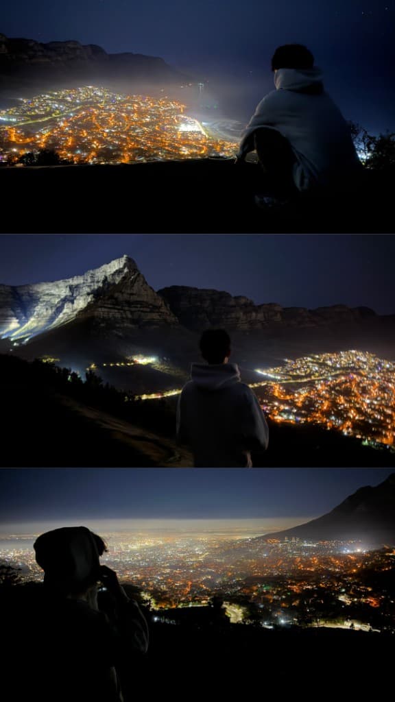 Three views of Cape Town lit up at night from the mountainside