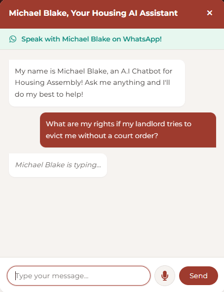 The Michael Blake chatbot answering a question about eviction rights, with a link to continue on WhatsApp