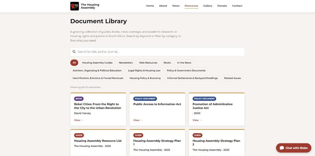 The Document Library page showing 215 searchable resources filtered by category