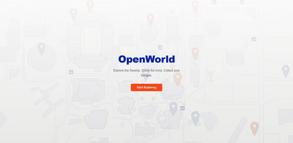 The OpenWorld landing map of the UF campus dotted with location pins